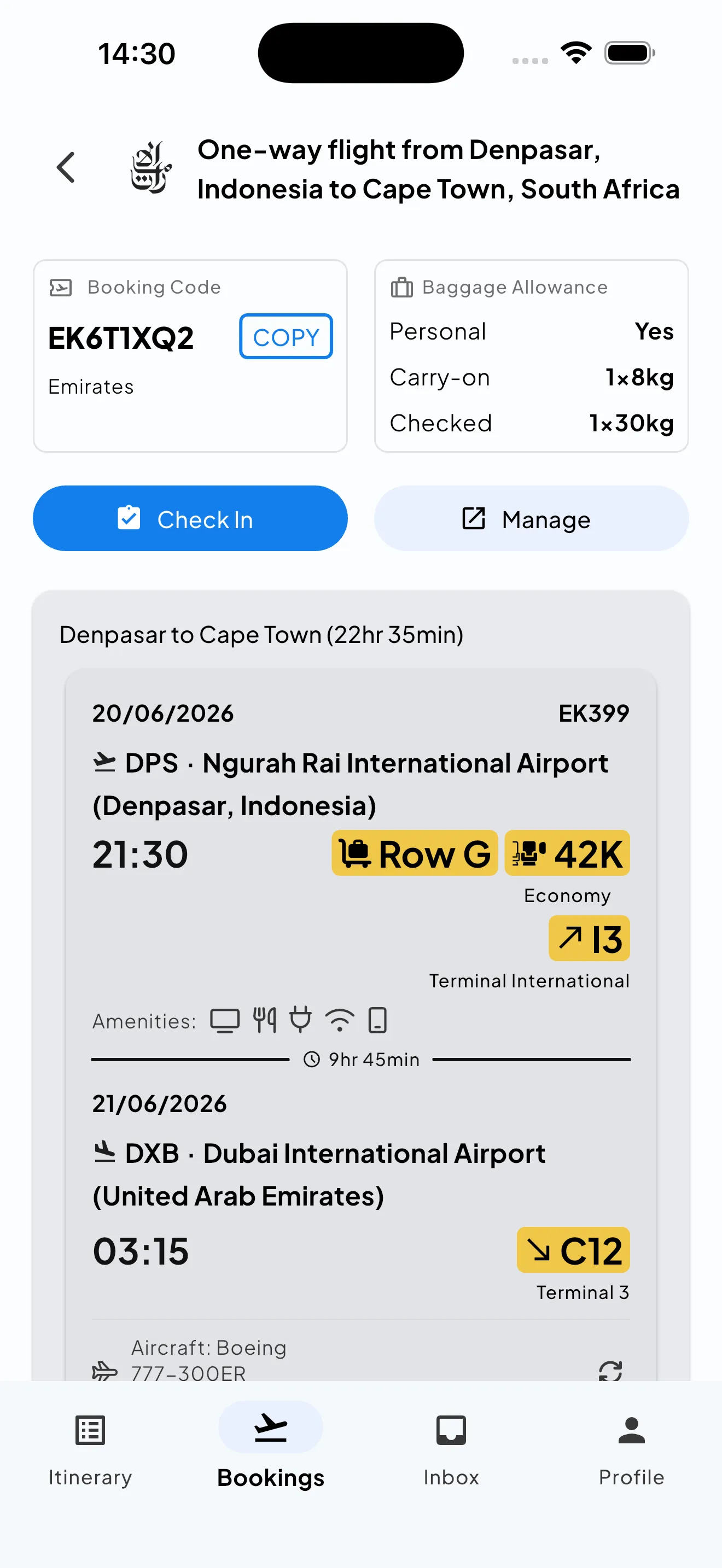 Skaoot booking screen: a one-way Emirates flight from Denpasar to Cape Town, with booking code, baggage allowance, and each leg with its seat, gate and terminal.