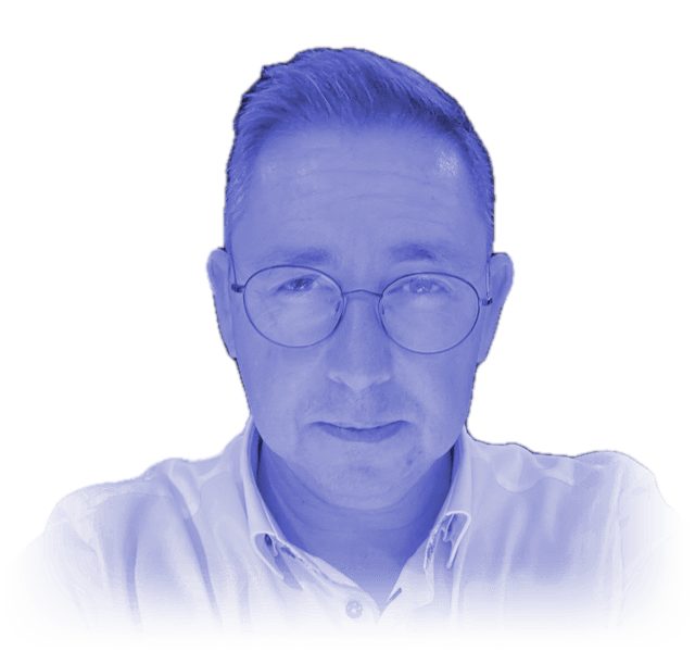 Portrait of Davy Taccogna in ink and ultramarine duotone